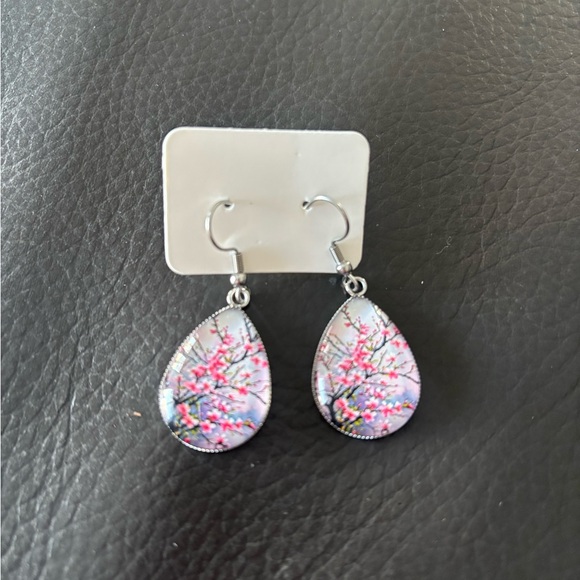 Cherry Blossom Floral Teardrop Fish Hook Earrings - Picture 4 of 5
